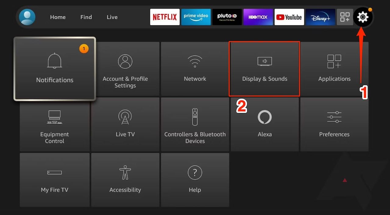 Selecionando a opção Tela e Sons no menu de configurações do Amazon Fire TV Stick
