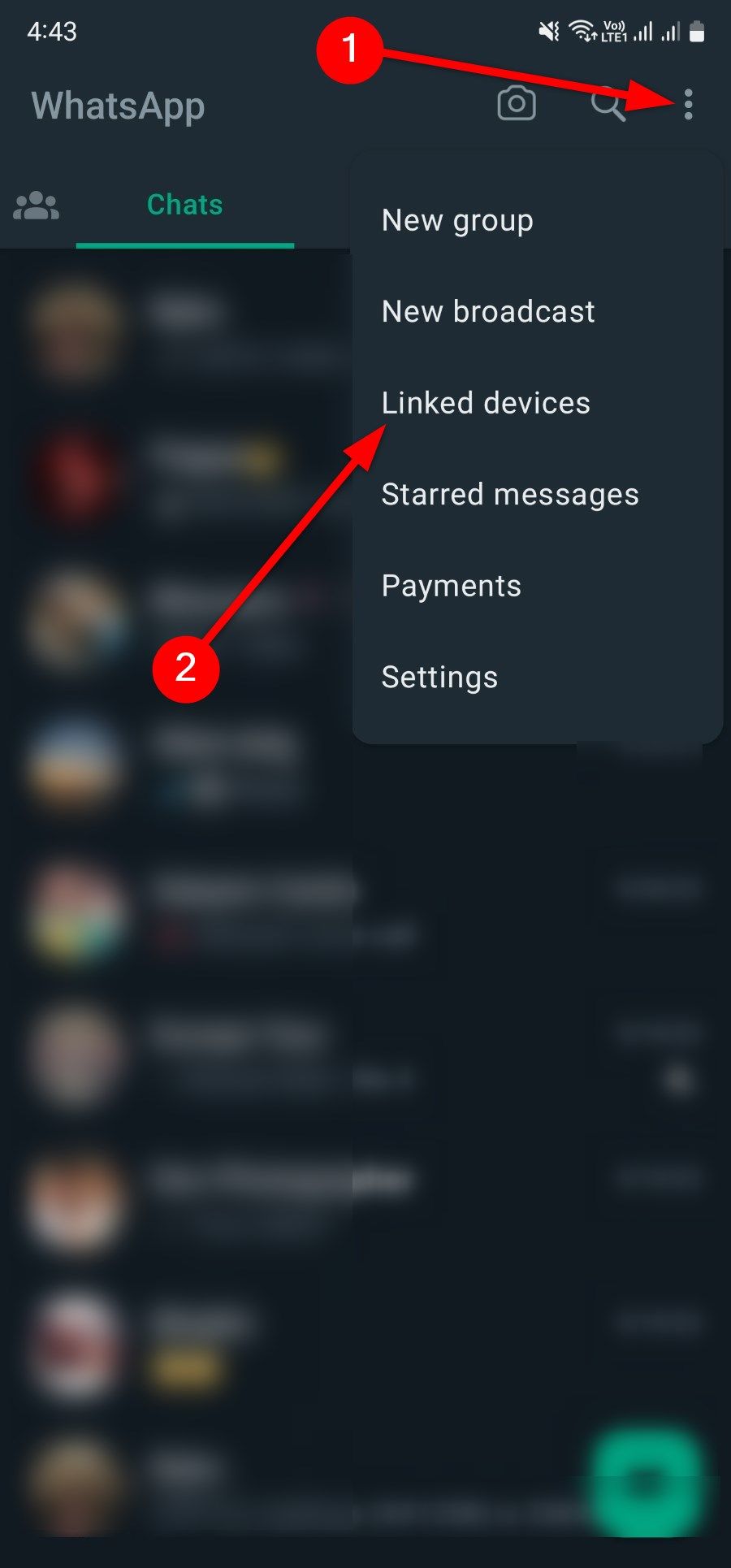 Captura de tela mostrando como acessar dispositivos vinculados ao WhatsApp