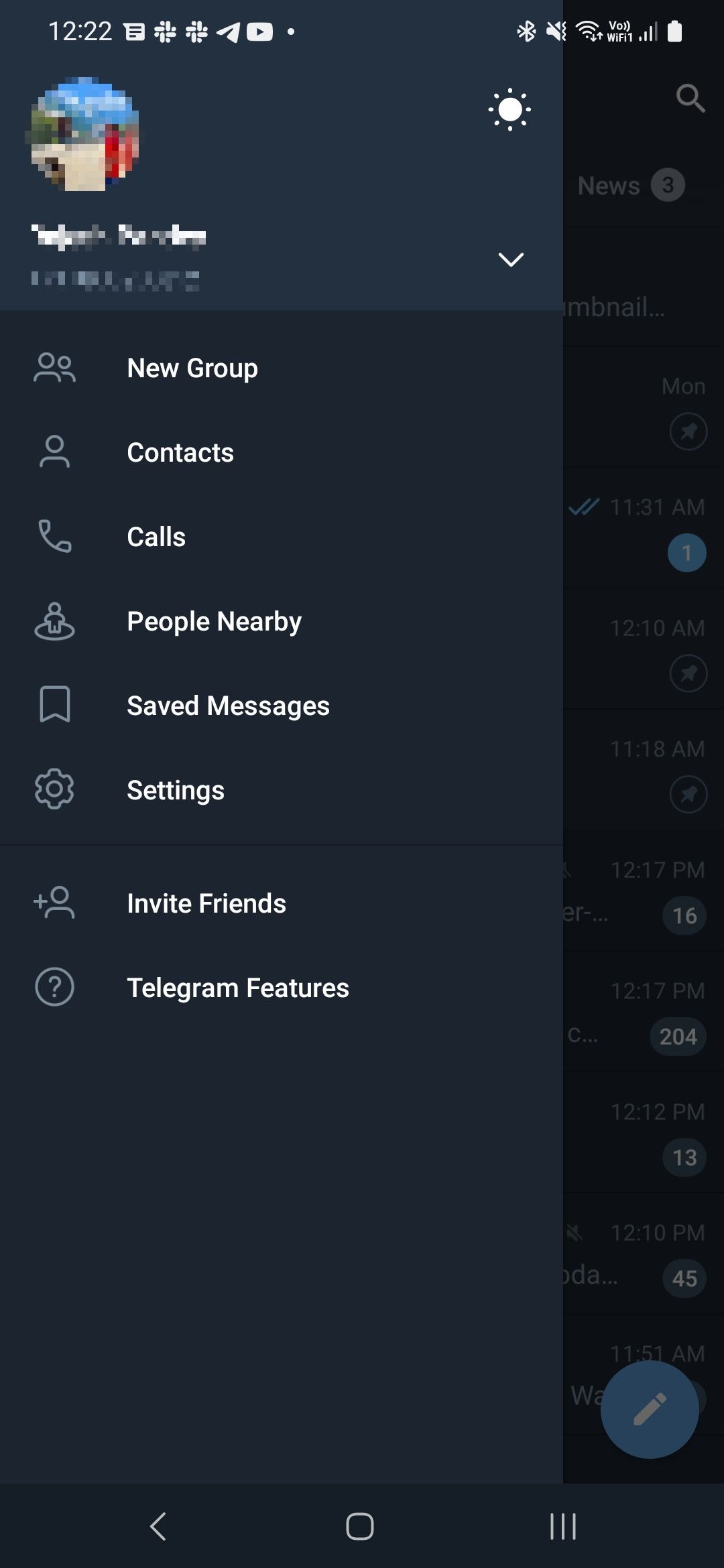 Painel de menu do Telegram para Android 