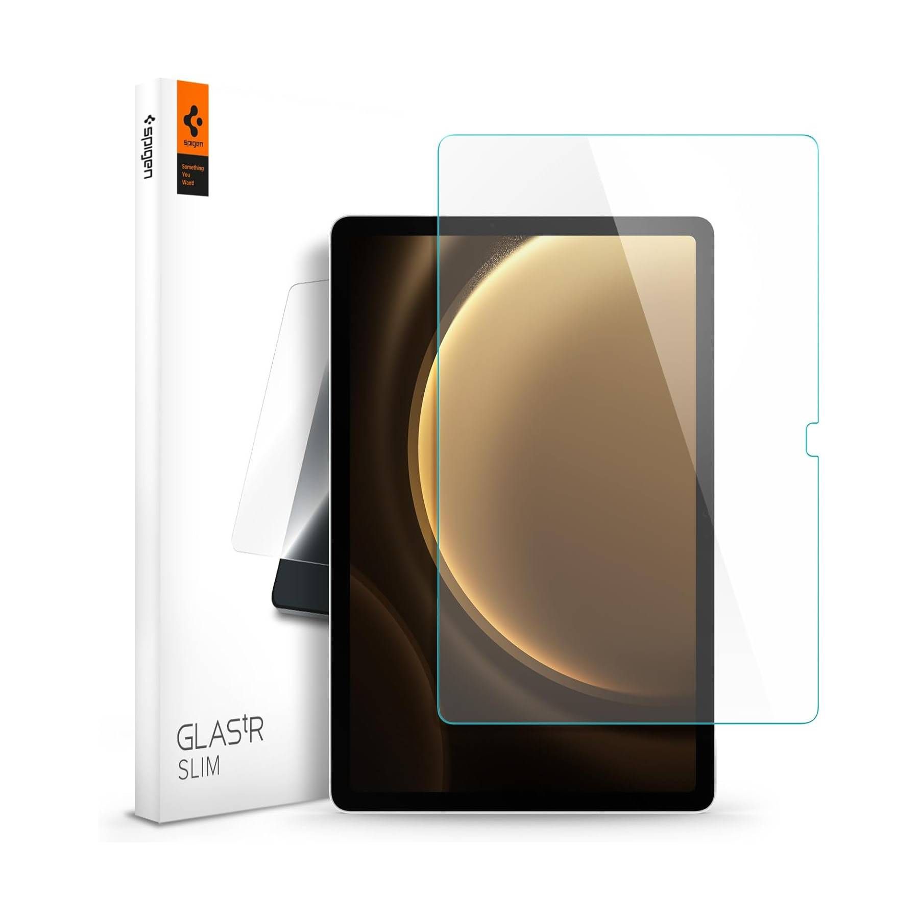 Renderização do protetor de tela de vidro temperado Spigen para Galaxy Tab S9 FE mostrando a embalagem do produto