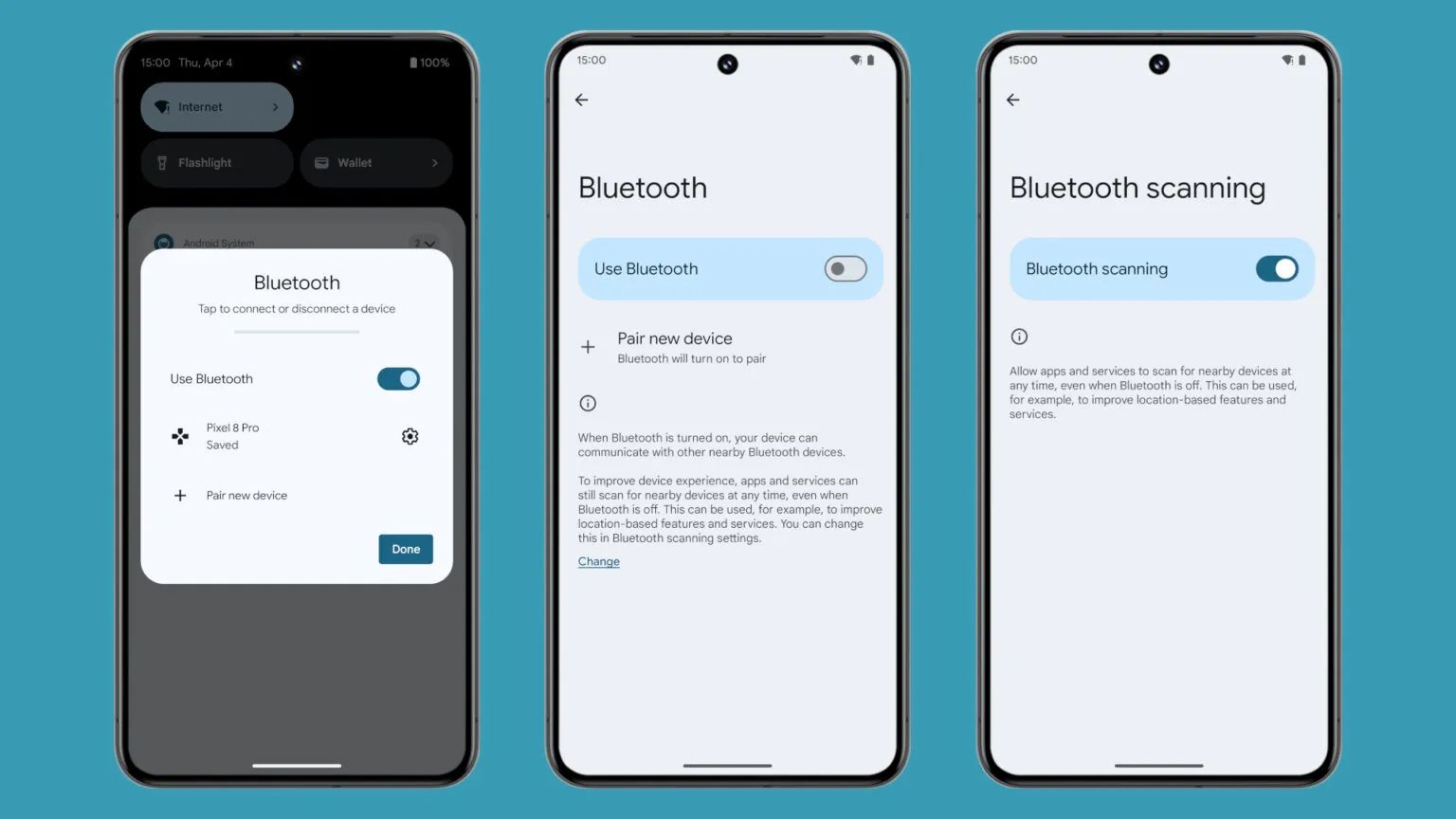 Capturas de tela mostrando as novas configurações de Bluetooth no Android 15 que acomodam a rede Encontre Meu Dispositivo atualizada do Google