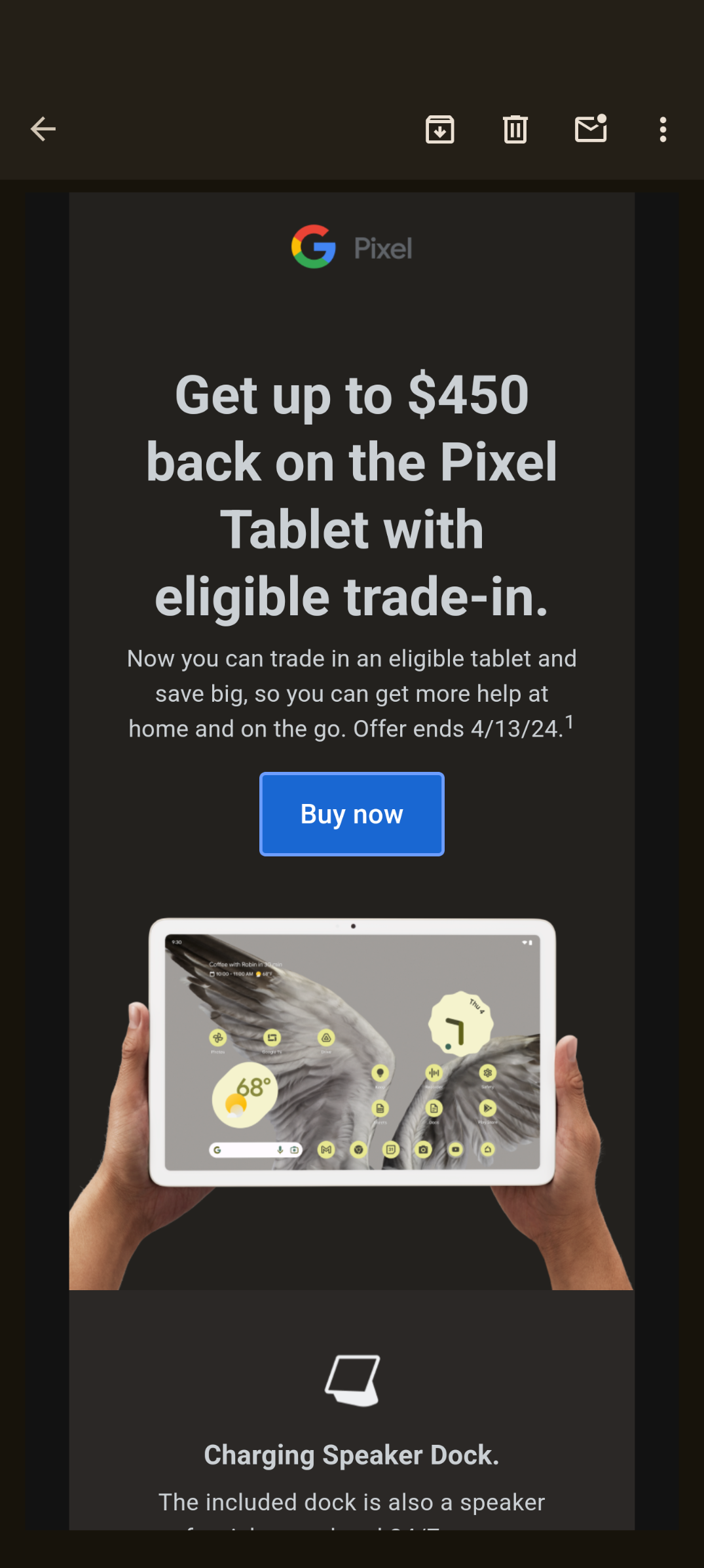 Uma captura de tela de descontos de troca de publicidade por e-mail para o Pixel Tablet na Google Store
