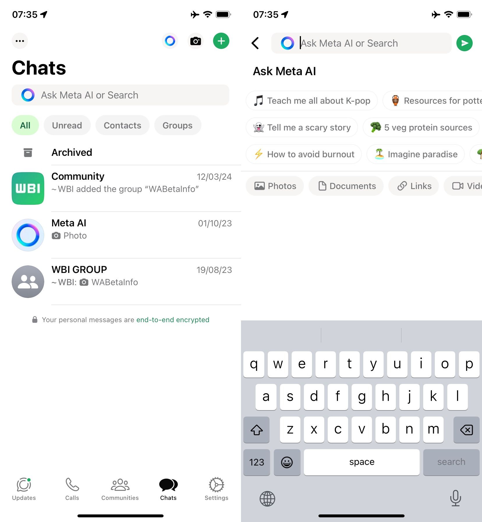 Barra de pesquisa Meta AI do WhatsApp iOS