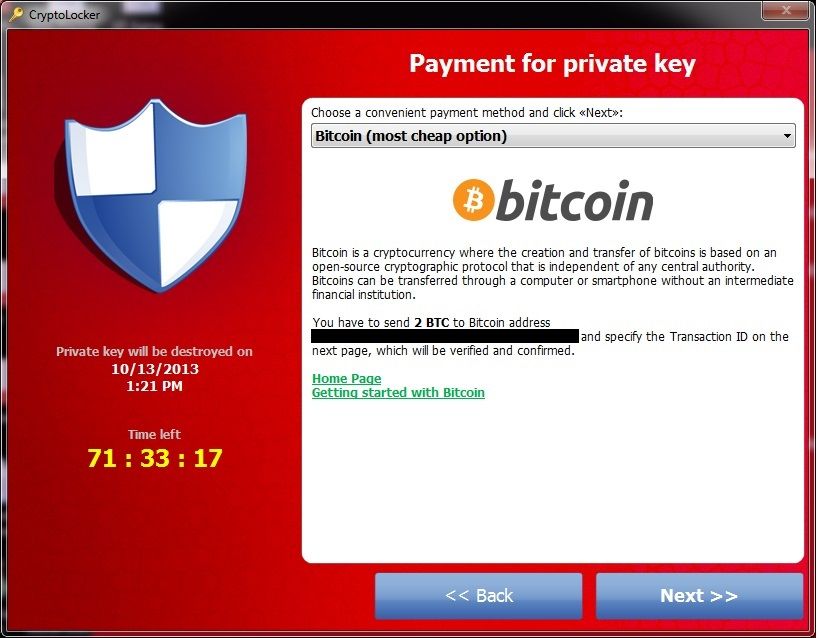 Uma imagem exibindo uma janela de pagamento do ransomware CryptoLocker com uma contagem regressiva, instruções para pagamento via Bitcoin e botões de navegação para mais informações e etapas de confirmação.