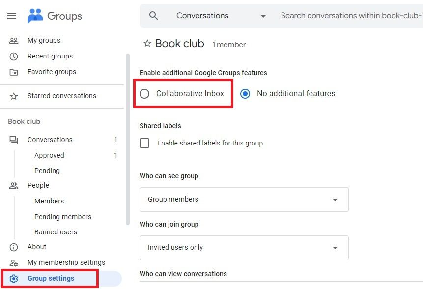Captura de tela destacando a opção Caixa de entrada de colaboração nos Grupos do Google
