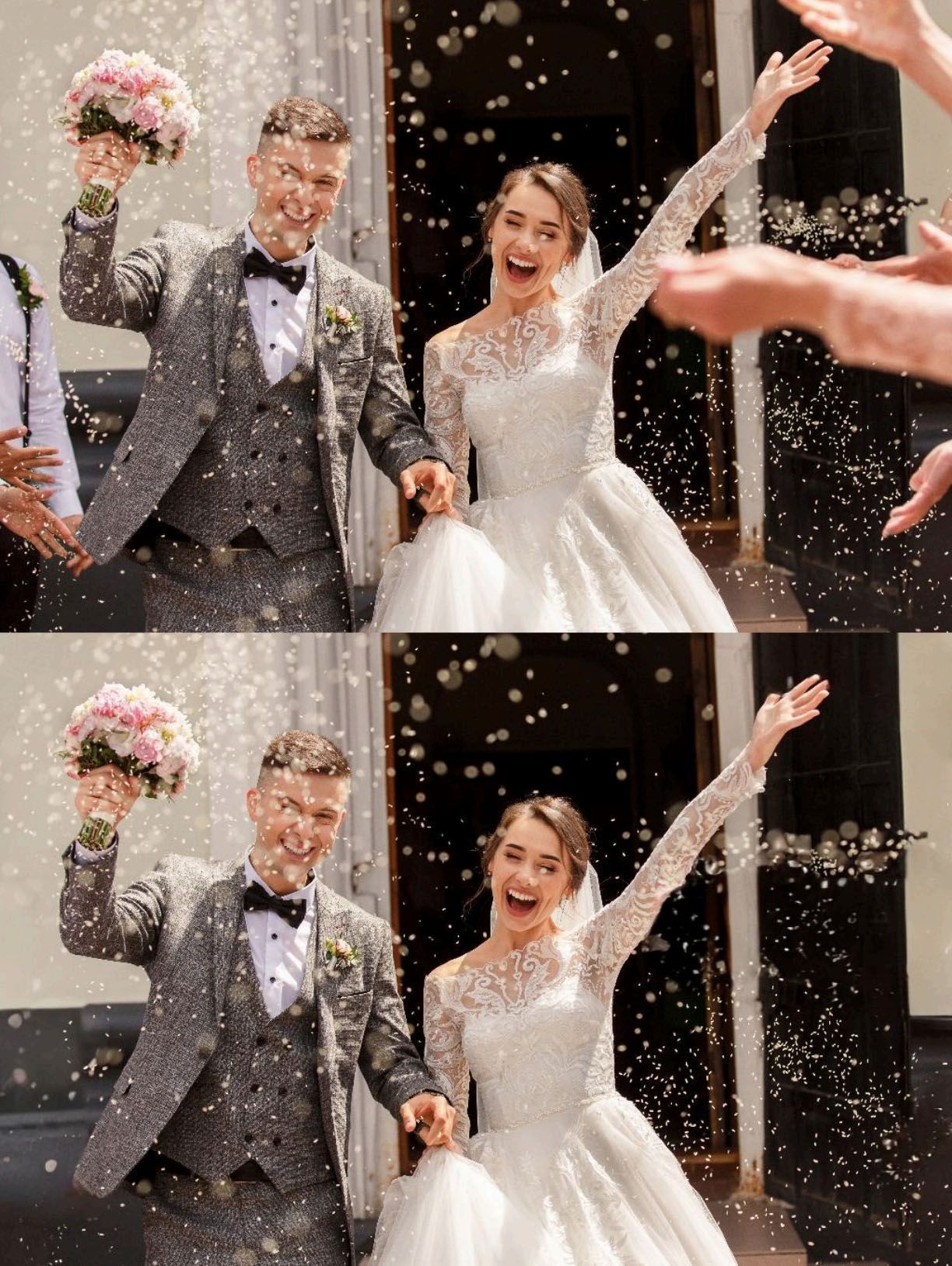 Duas fotos quase idênticas de uma noiva e um noivo, a de baixo editada por removedores de objetos de IA.