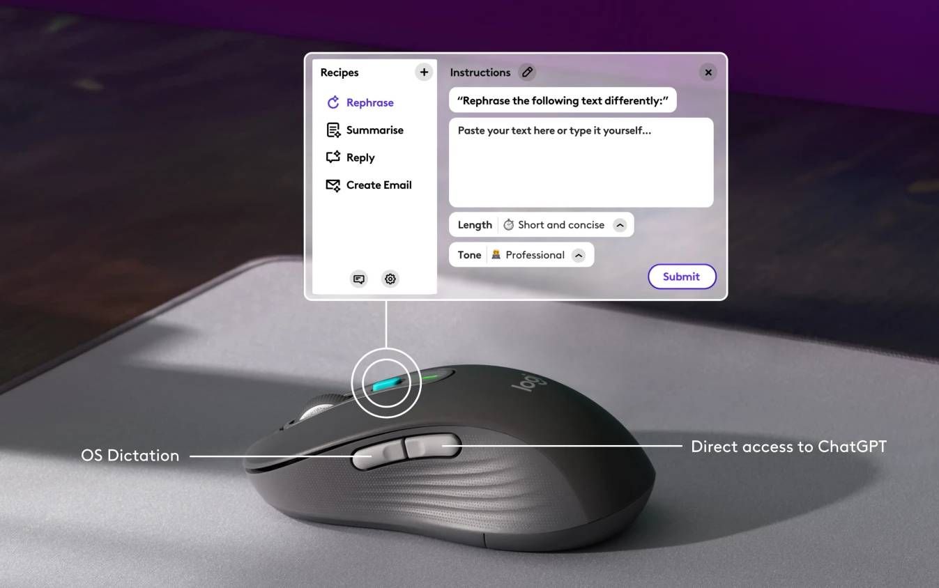 Uma renderização do mouse Logitech Signature M750 AI e da sobreposição do Prompt Builder