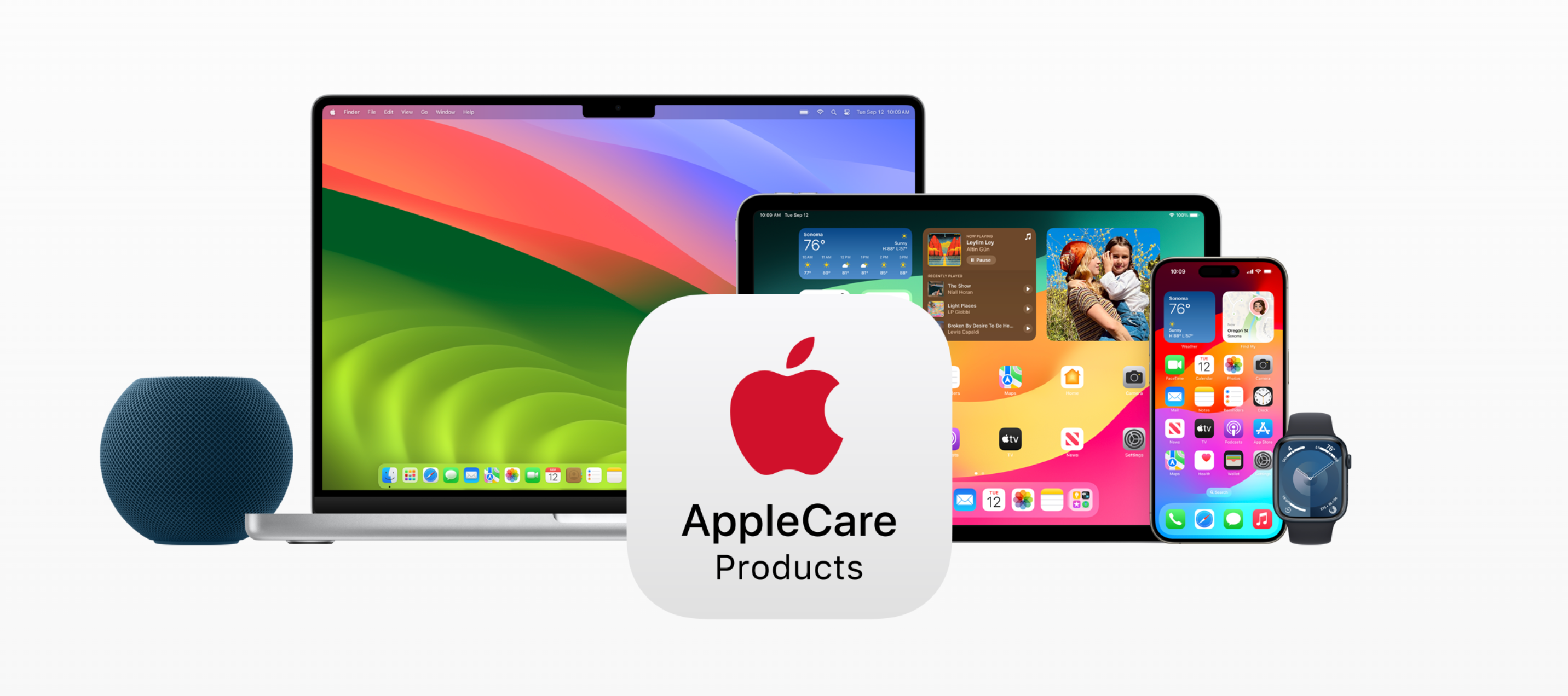 Um anúncio da Apple mostrando a gama de produtos compatíveis com AppleCare, incluindo HomePod, Mac, iPad, Apple Watch e iPhone