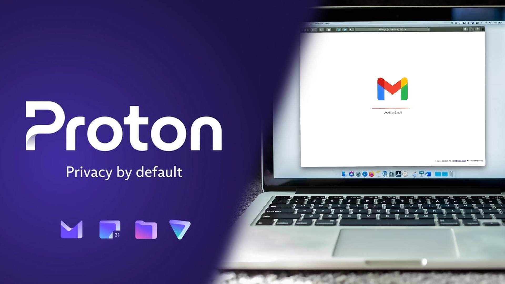 Os logotipos do Proton parcialmente sobrepostos em uma imagem da página de carregamento do Gmail