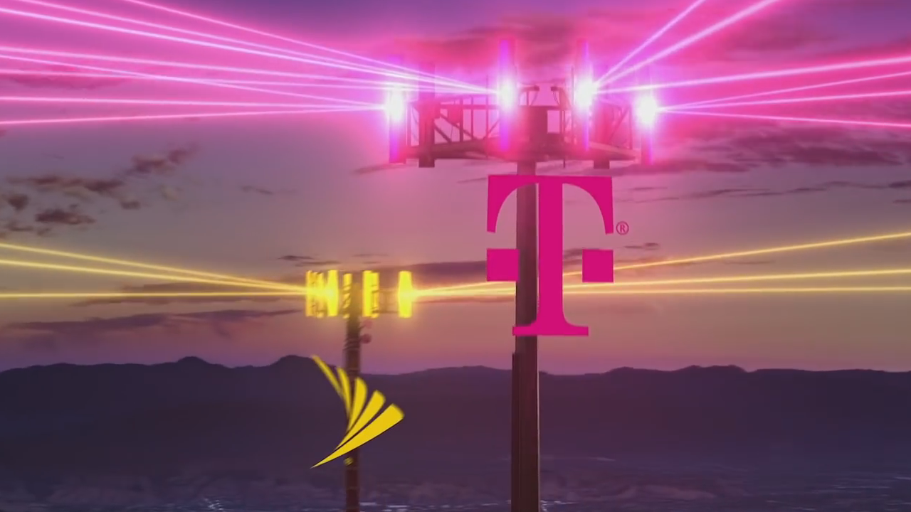 Uma imagem de duas torres de celular com os logotipos Sprint e T-Mobile sobrepostos