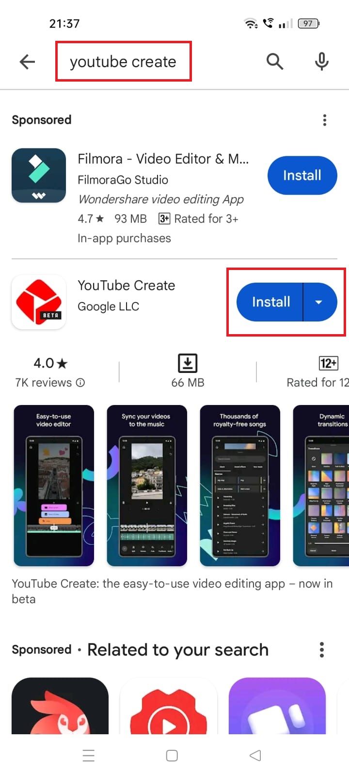 Captura de tela destacando a opção de instalação do YouTube Create na Google Play Store