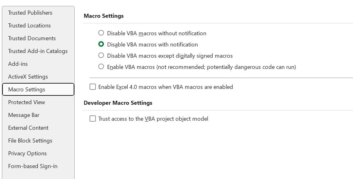 Opções de macro do Microsoft Excel