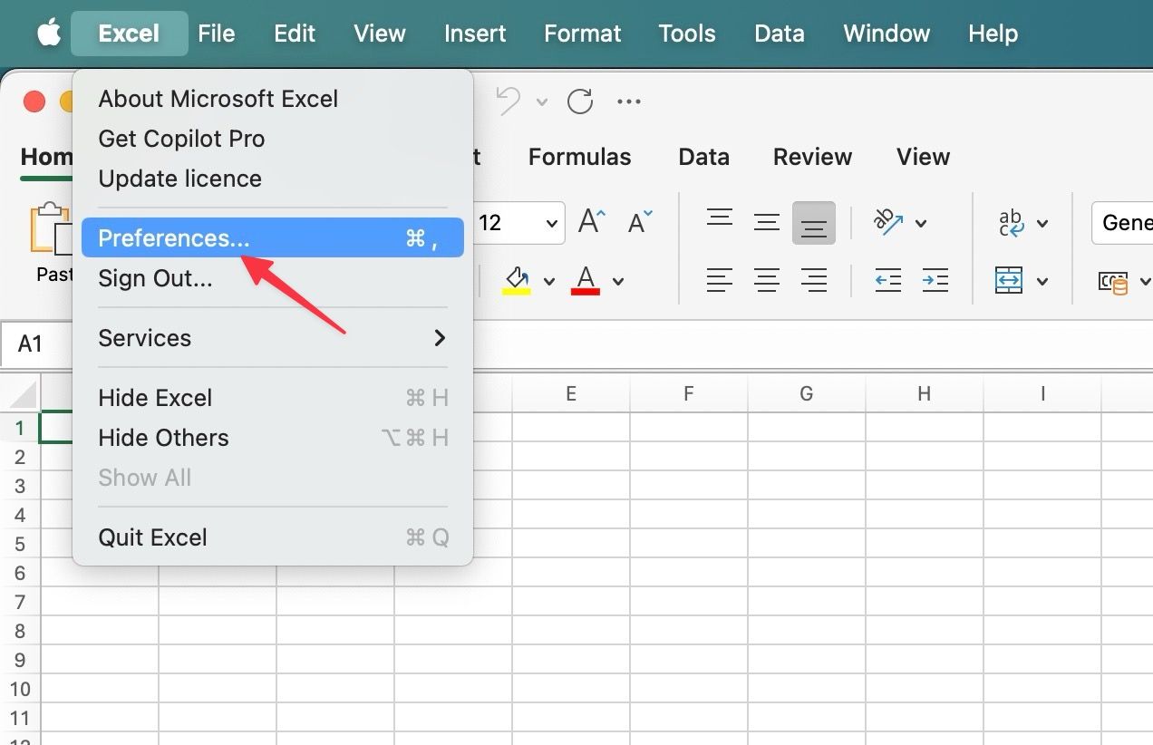 Abra as preferências do Microsoft Excel