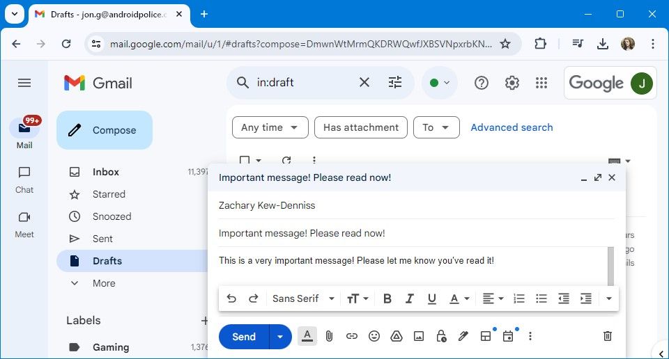 rascunho de mensagem do Gmail