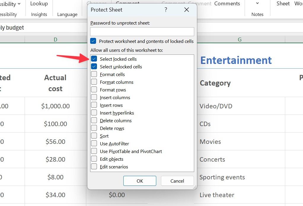 Opções de proteção de planilha do Excel