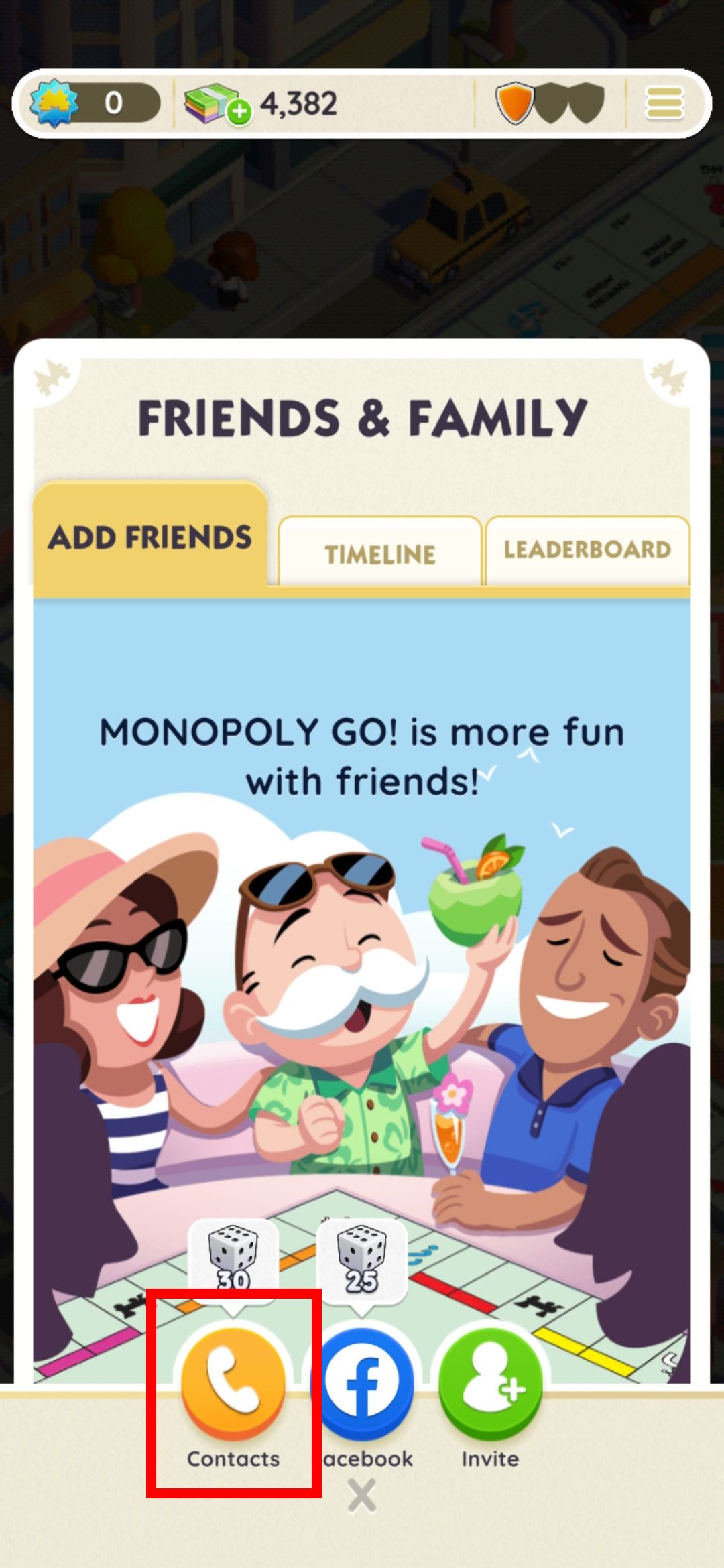 contorno de retângulo vermelho sobre contatos na guia adicionar amigos no aplicativo monopoly go