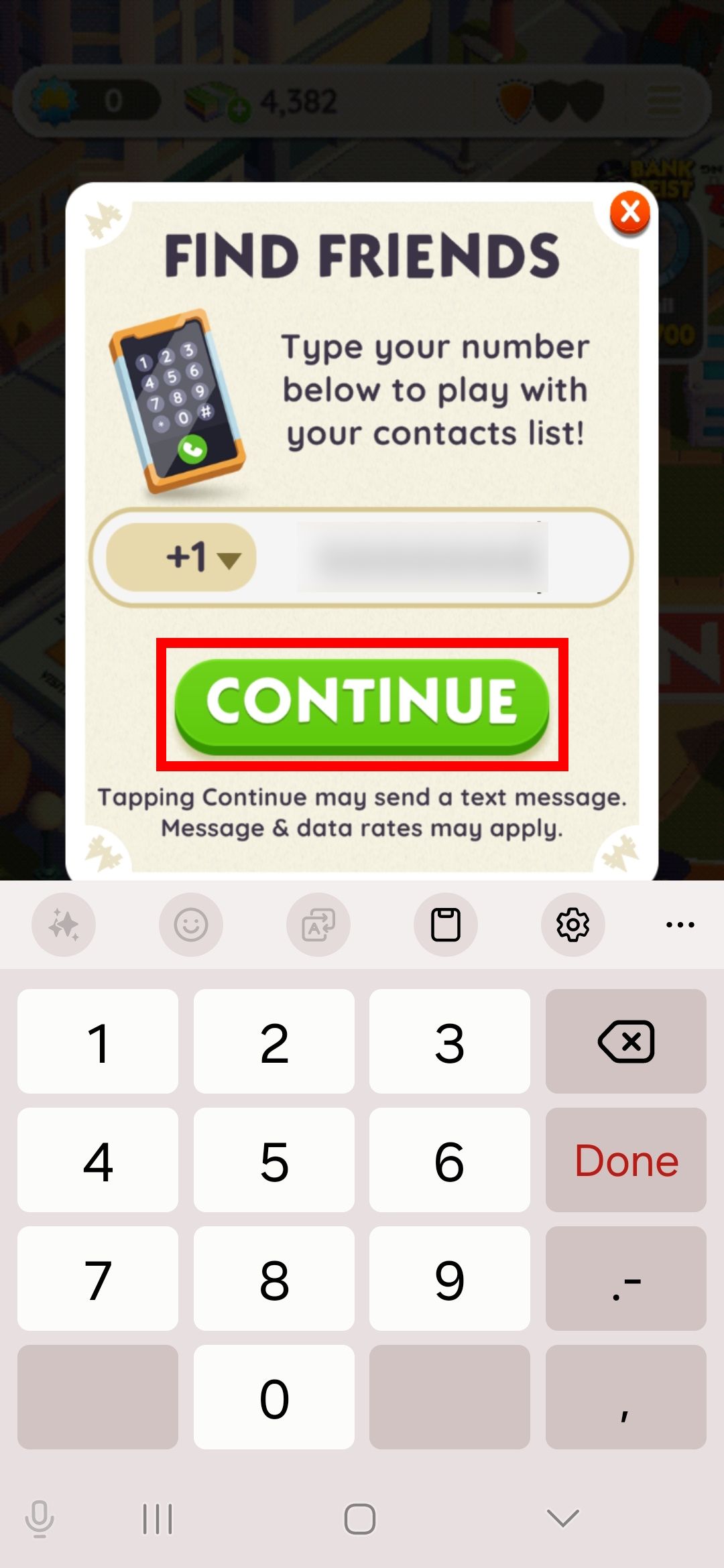 contorno de retângulo vermelho sobre o botão continuar na tela encontrar amigos e adicionar número de telefone