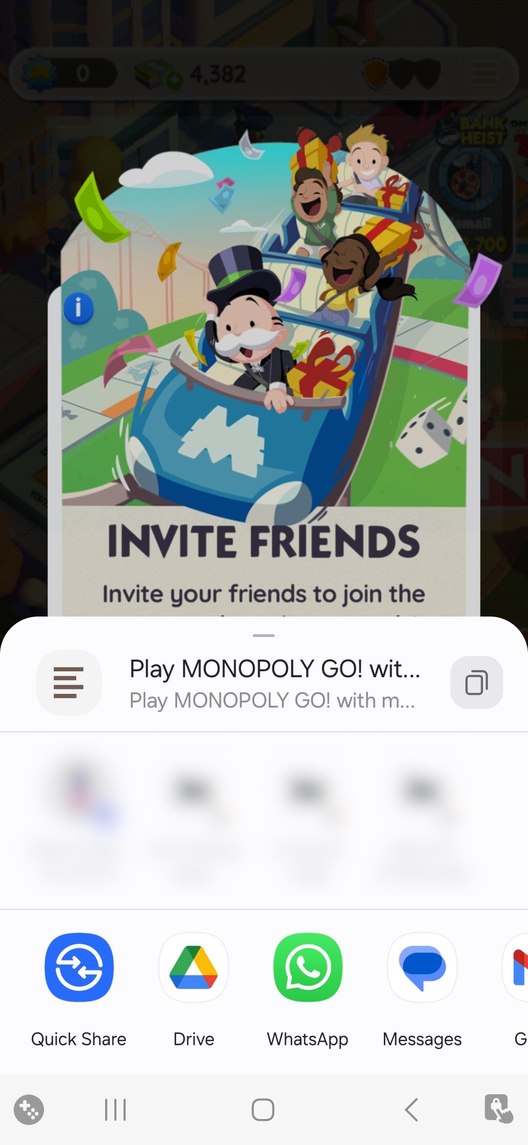 compartilhar opções de link no aplicativo monopoly go