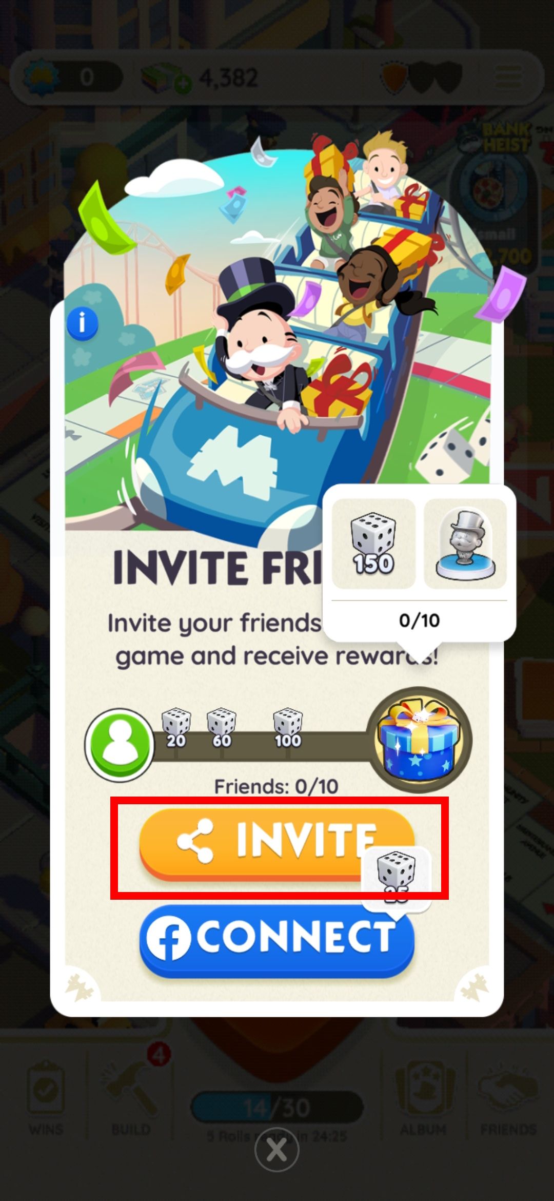contorno de retângulo vermelho sobre o botão de compartilhamento de convite no aplicativo monopoly go