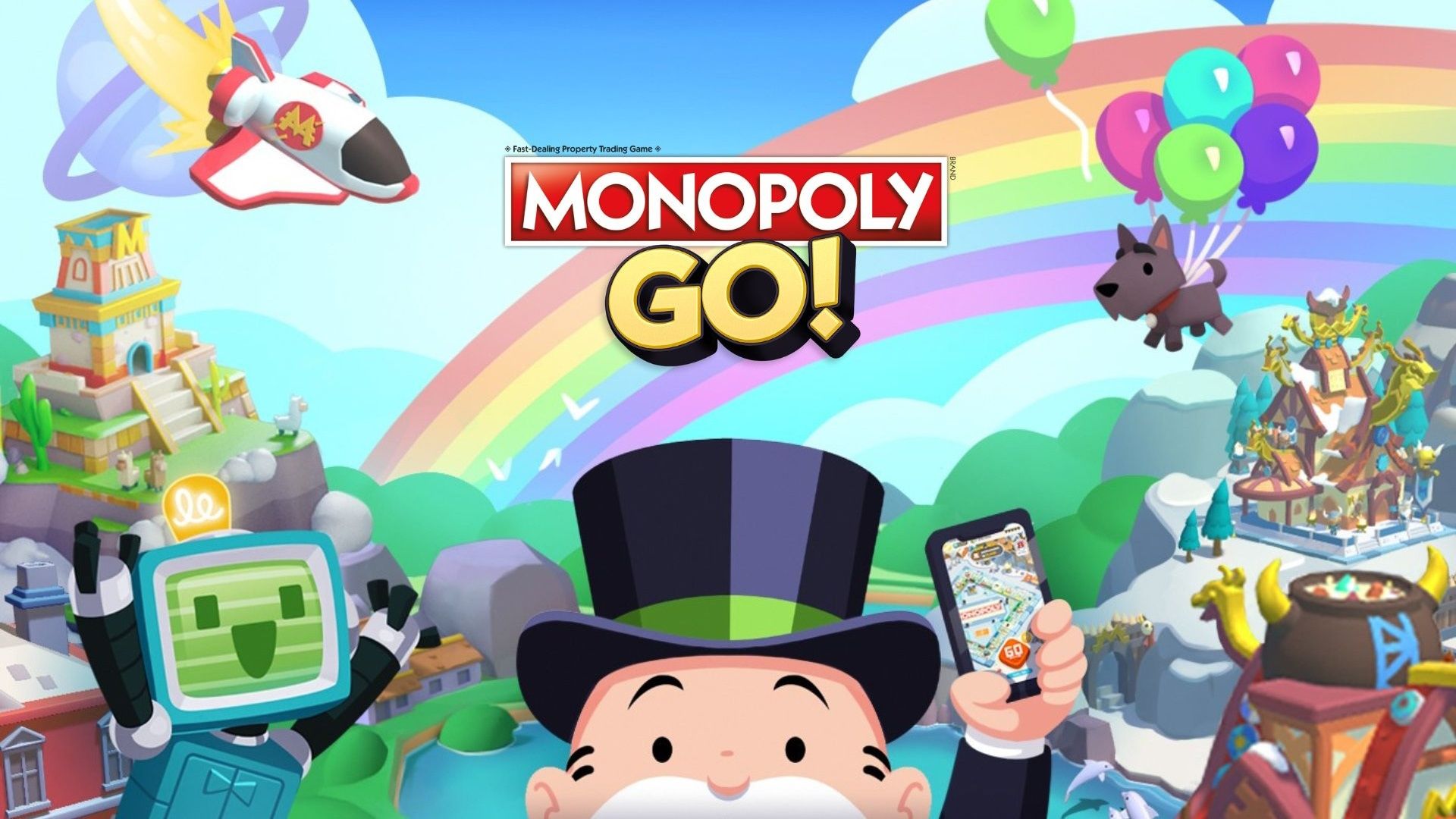 Pôster do Monopoly Go mostrando figuras de desenhos animados com o Sr. Monopoly segurando um telefone no centro em um fundo colorido