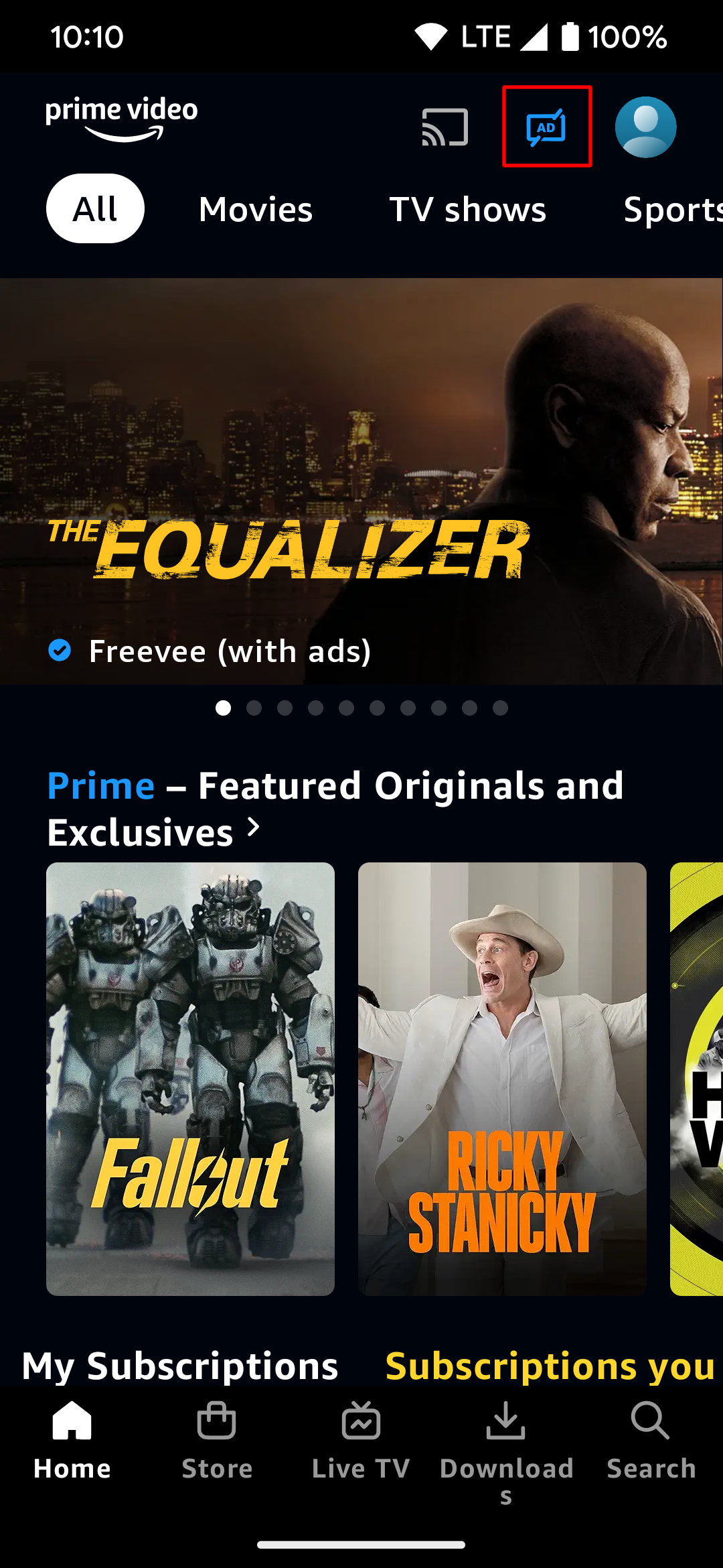 Destacando o botão sem anúncios do Prime Video no aplicativo Android.