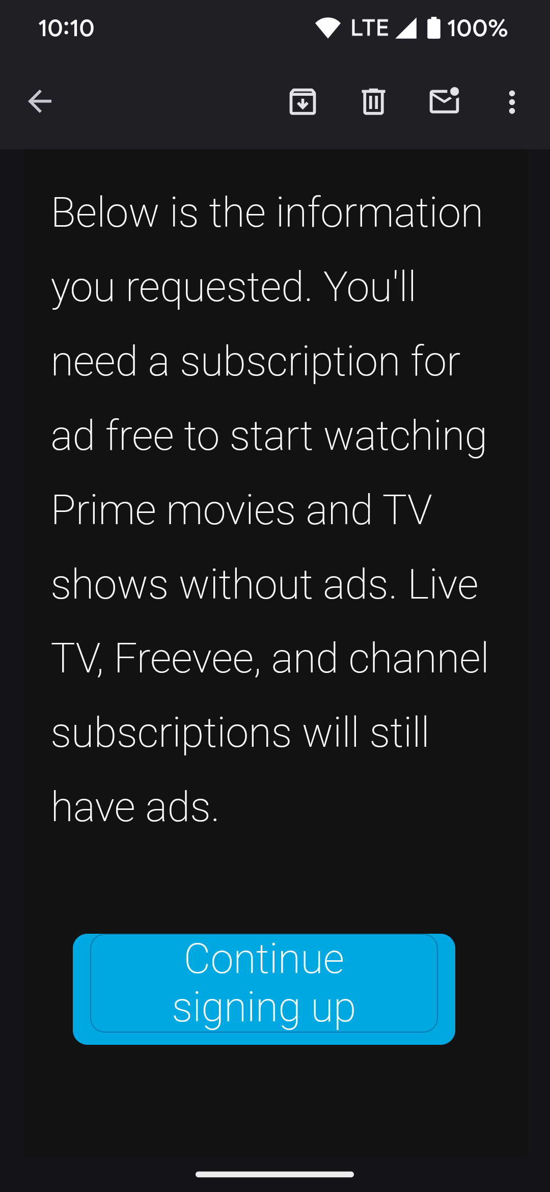 Isto é o que o Prime Video sem anúncios "Continuar inscrevendo-se" botão se parece com o e-mail automatizado da Amazon.