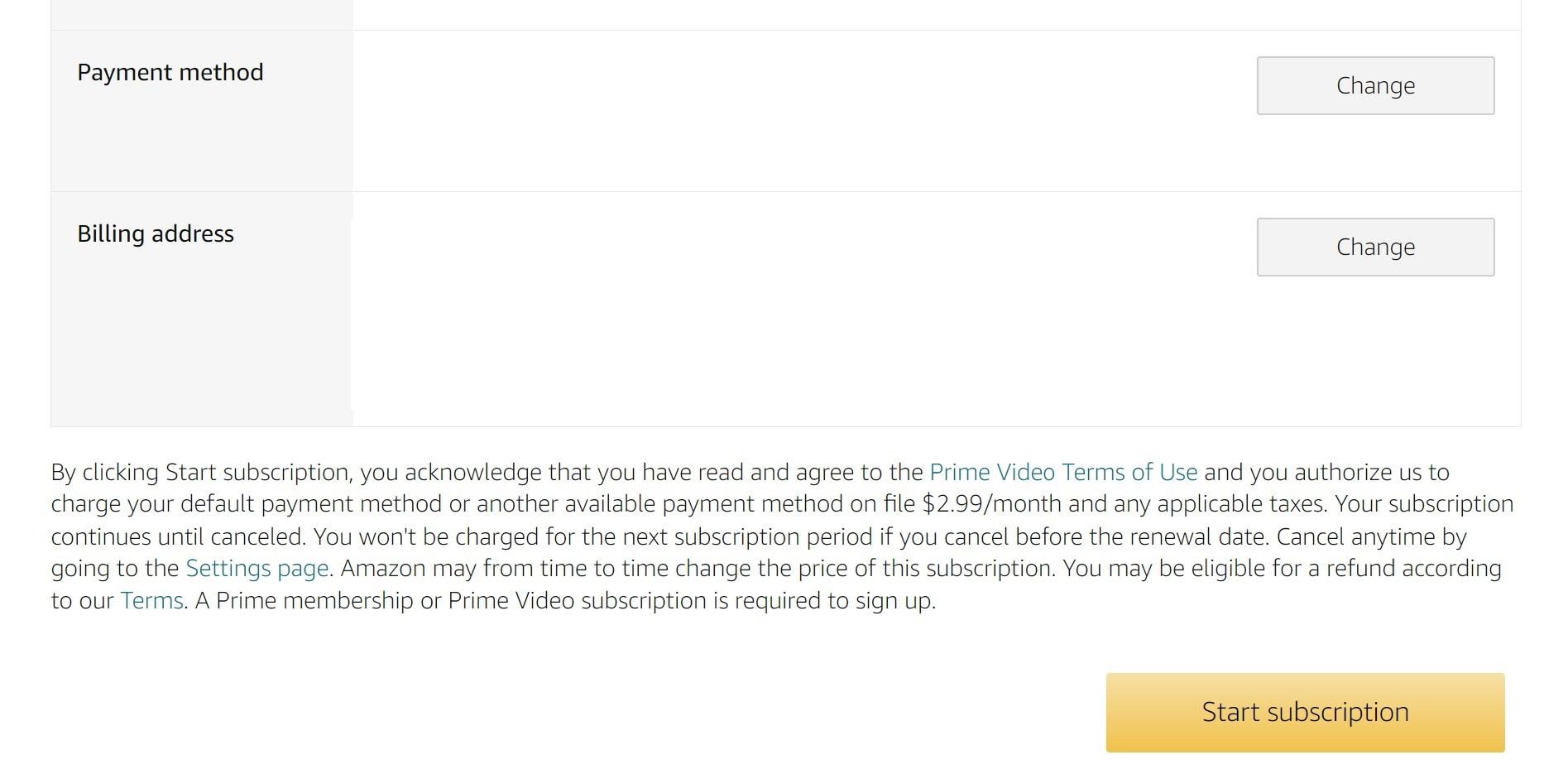 Mostrando o "Iniciar assinatura" botão no Prime Video para o método de site para desktop.