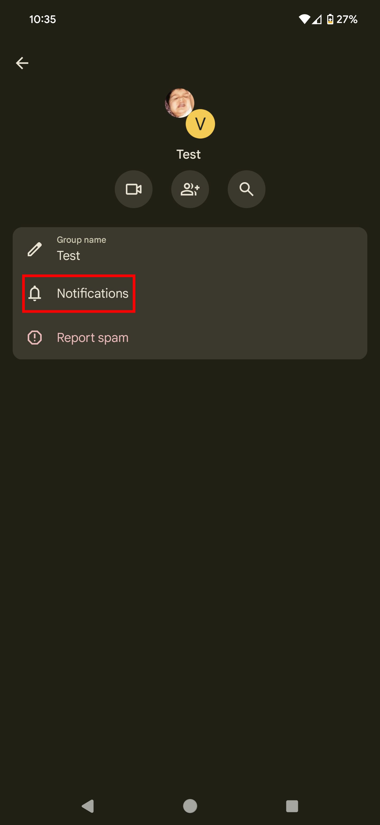 Selecione notificações para alterar as configurações de notificação de texto do grupo.