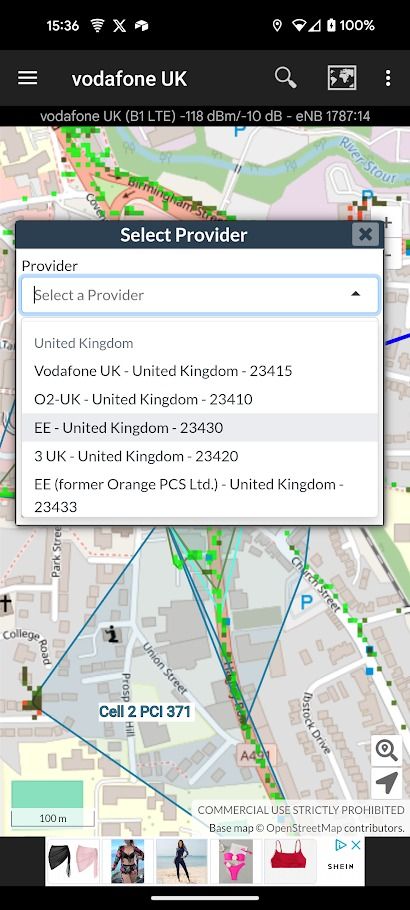 tela de seleção do provedor de aplicativo cellmapper