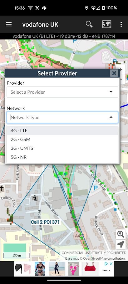 tela de seleção de rede do aplicativo cellmapper