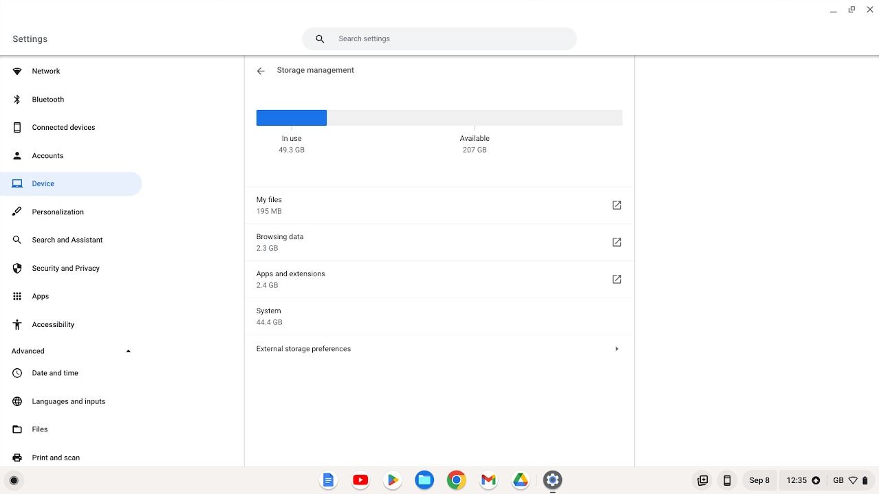 Gerenciamento de armazenamento do ChromeOS