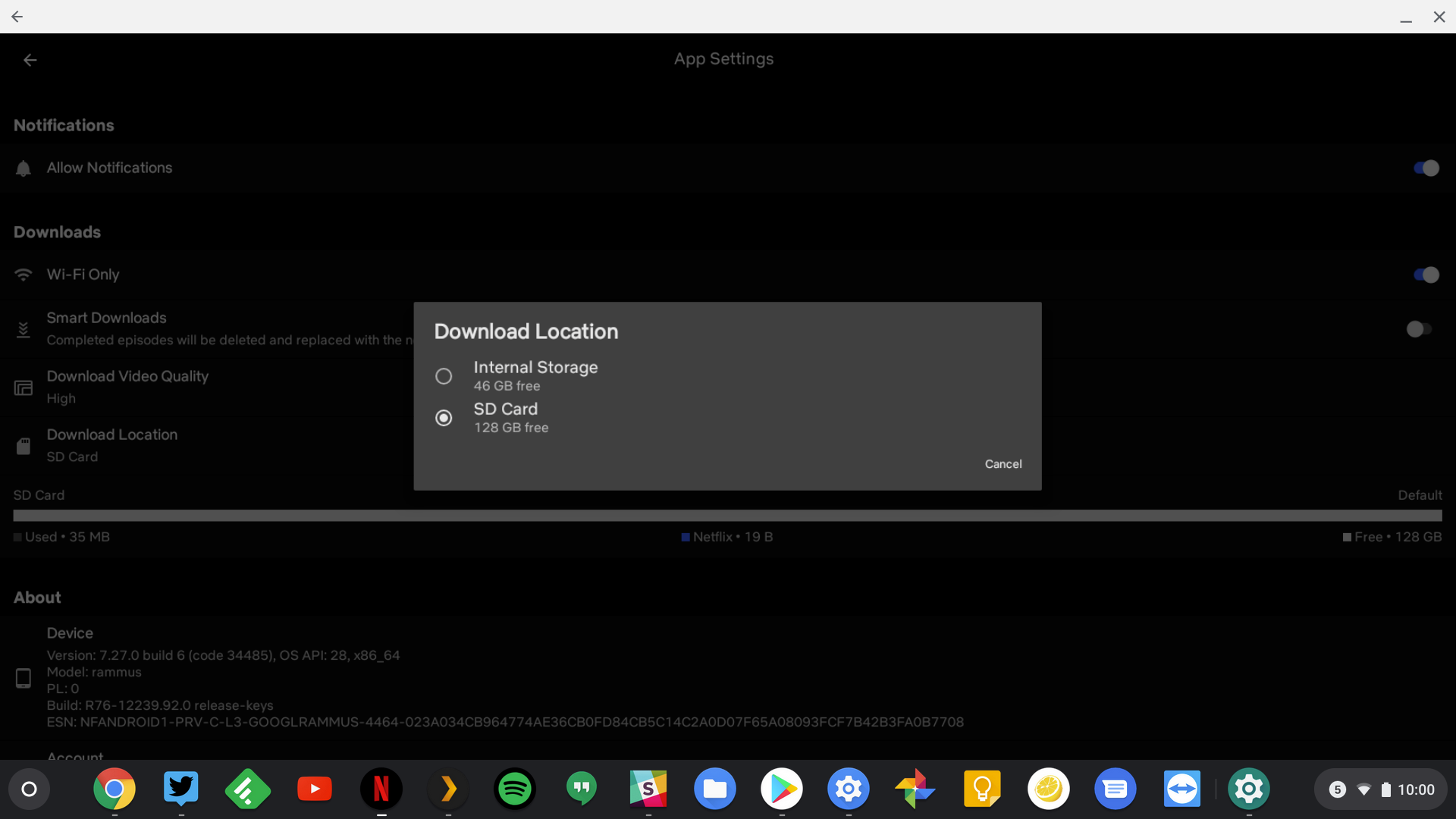 Aplicativo Netflix mostrando local de download do cartão SD