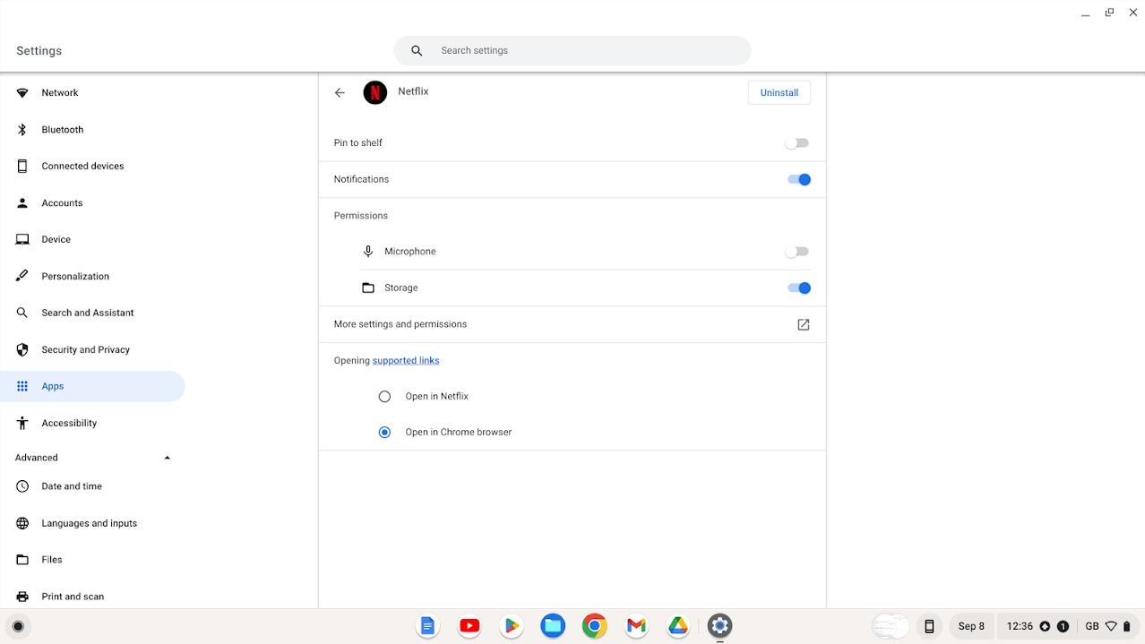 Configurações do aplicativo Netflix no ChromeOS