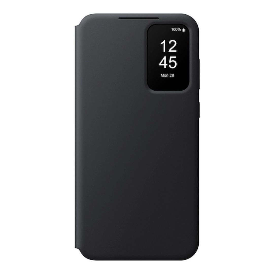 A capa tipo carteira S view para Galaxy A35 exibindo a frente com um recorte mostrando o display com o relógio