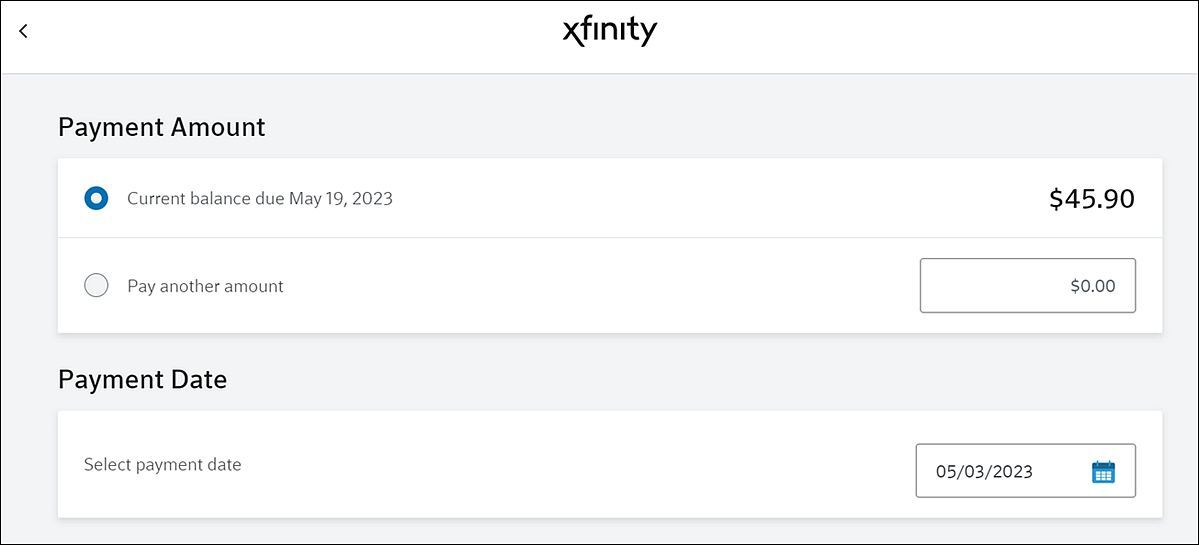 Captura de tela mostrando as opções de pagamento do Xfinity 