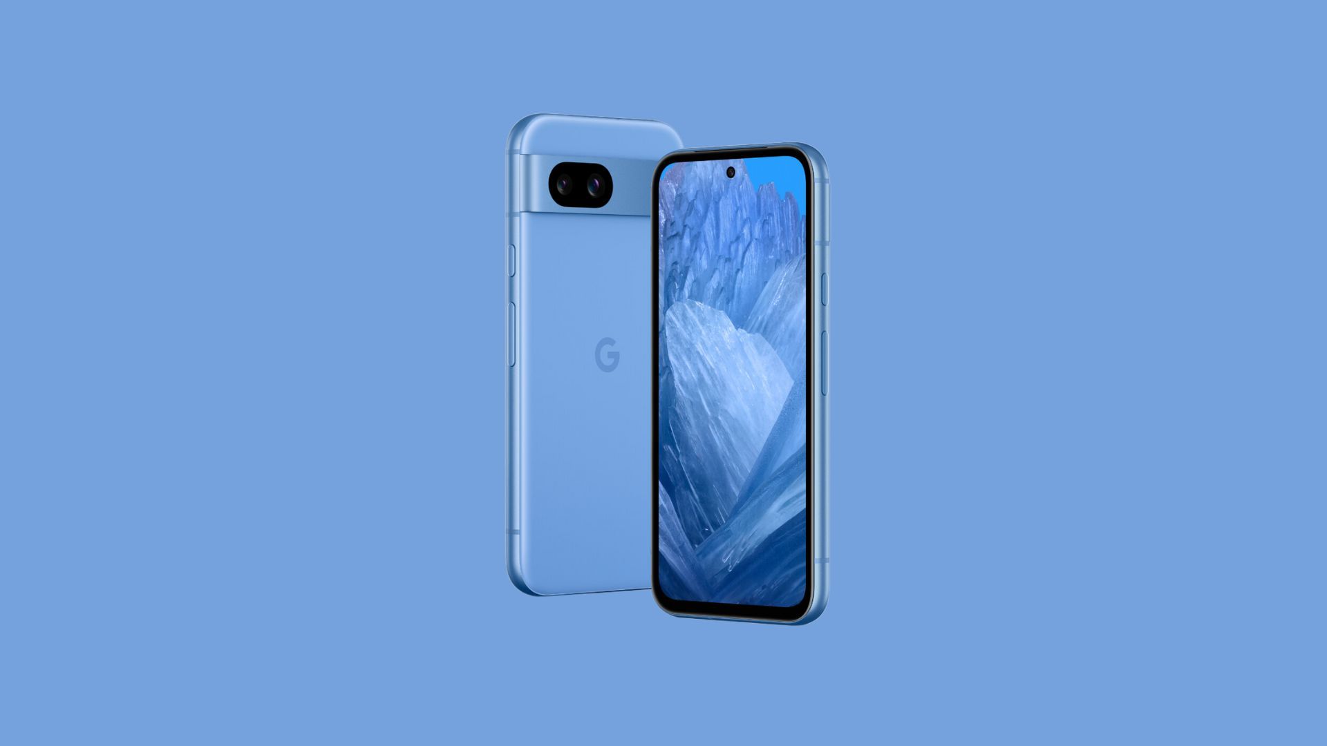 Google Pixel 8a na baía em um fundo azul brilhante