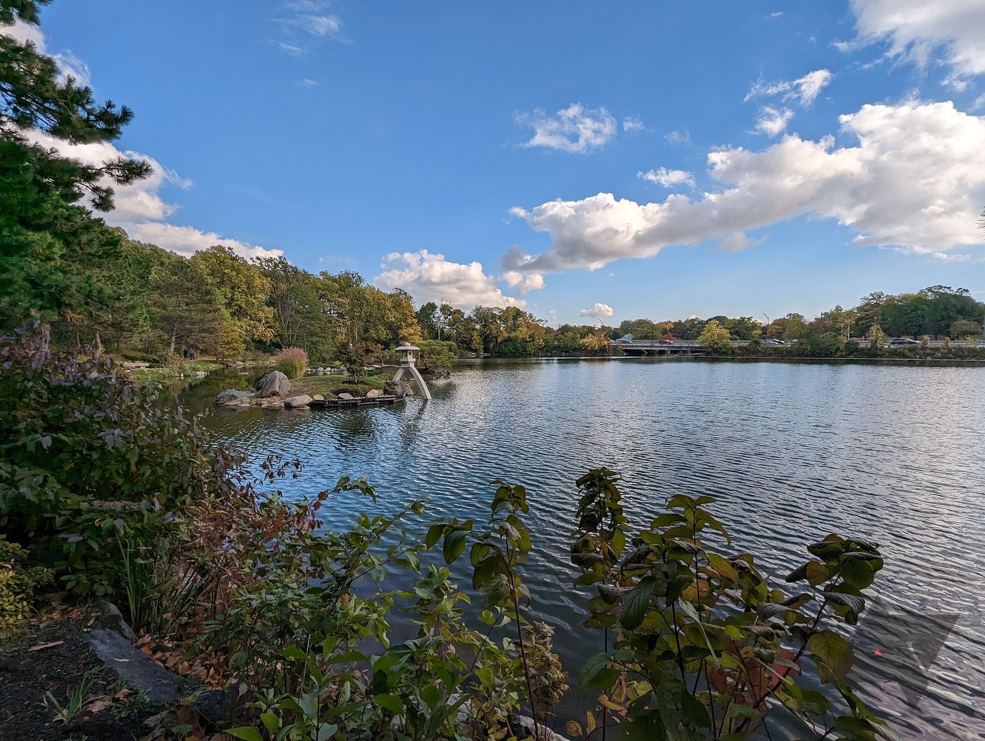 Uma foto grande angular um pouco mais ampla de um lago cercado por árvores tirada em um Pixel 7 Pro.