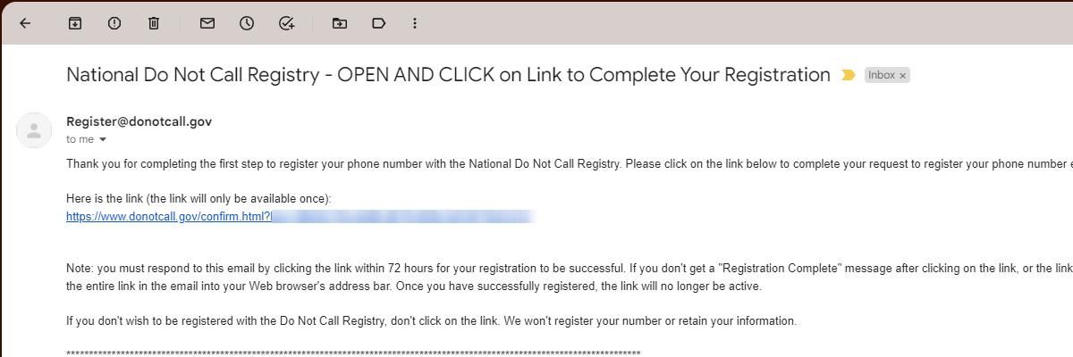 E-mail de confirmação do National Do Not Call Registry