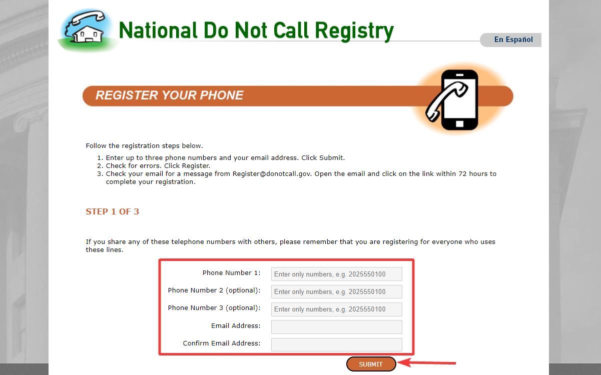 Insira seus números de telefone e outros detalhes no National Do Not Call Registry