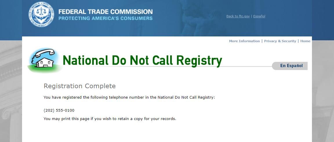 Registro concluído no National Do Not Call Registry
