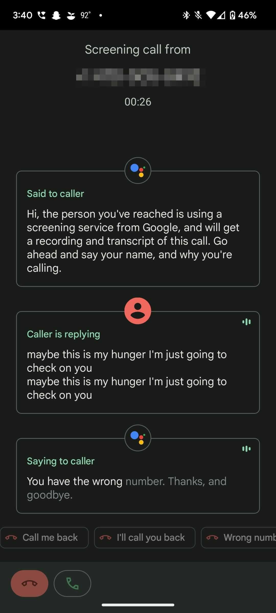 Google Pixel Call Screening transcrevendo uma conversa em andamento