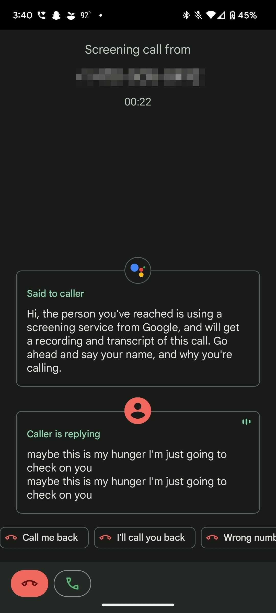 Google Pixel Call Screening transcrevendo uma conversa em andamento