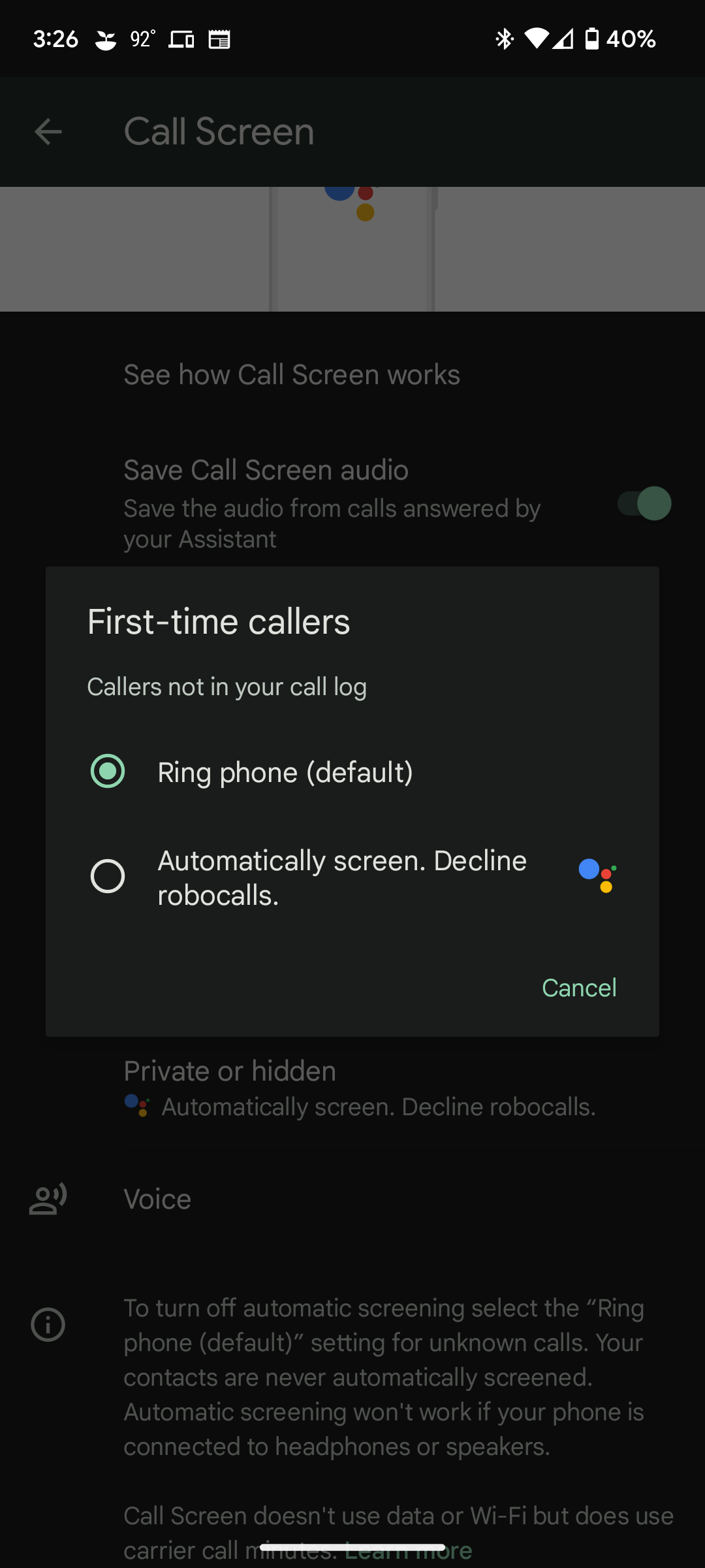 Configurações de triagem de chamadas do Google Pixel