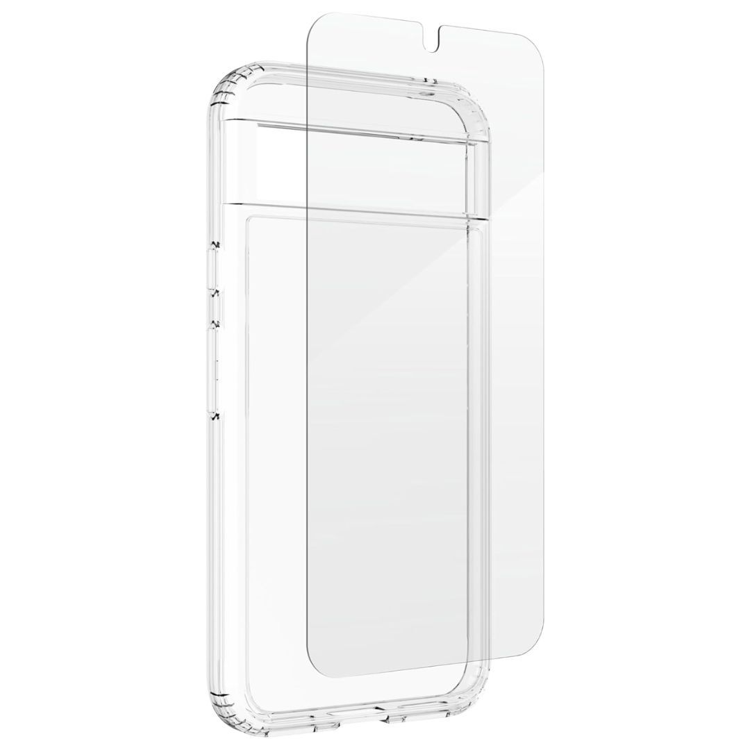 Uma capa de telefone transparente sobreposta com um protetor de tela transparente em um fundo branco
