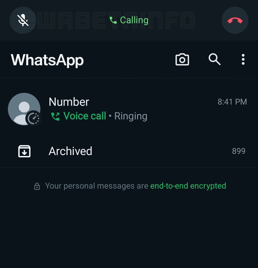 Barra superior do aplicativo de chamada de voz do WhatsApp nova