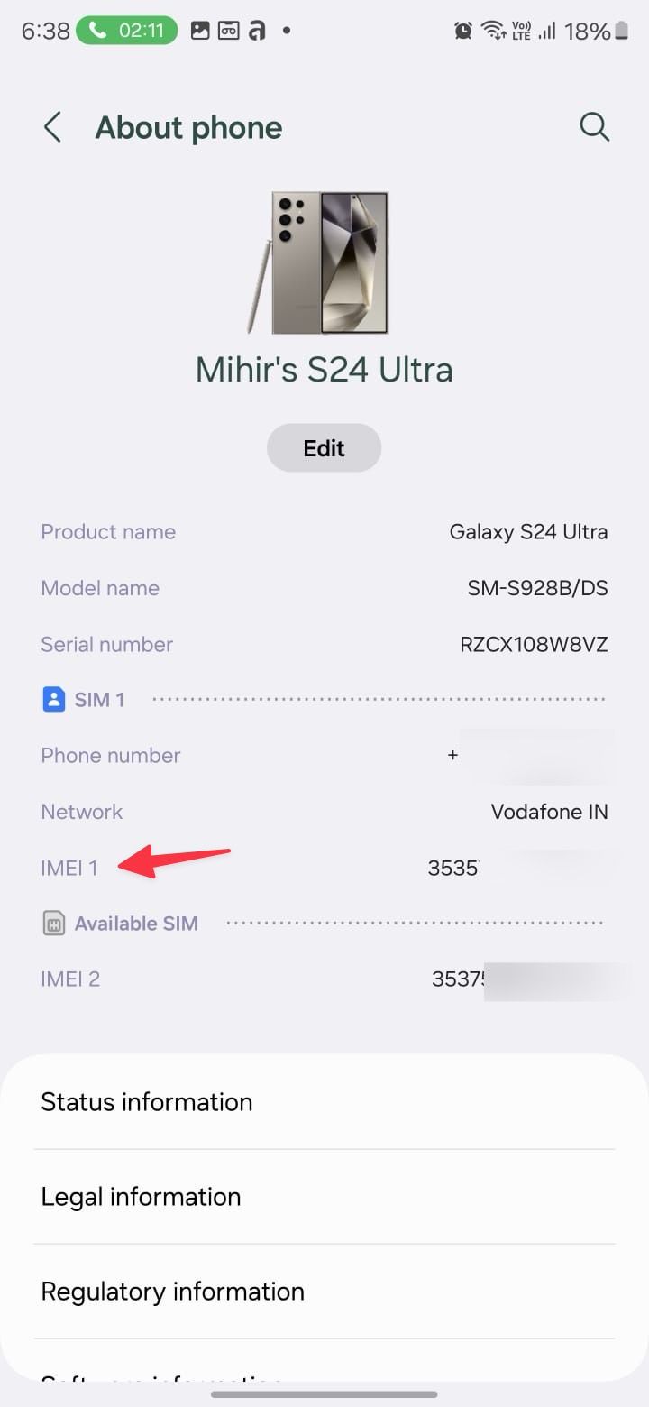 Número IMEI no telefone Samsung