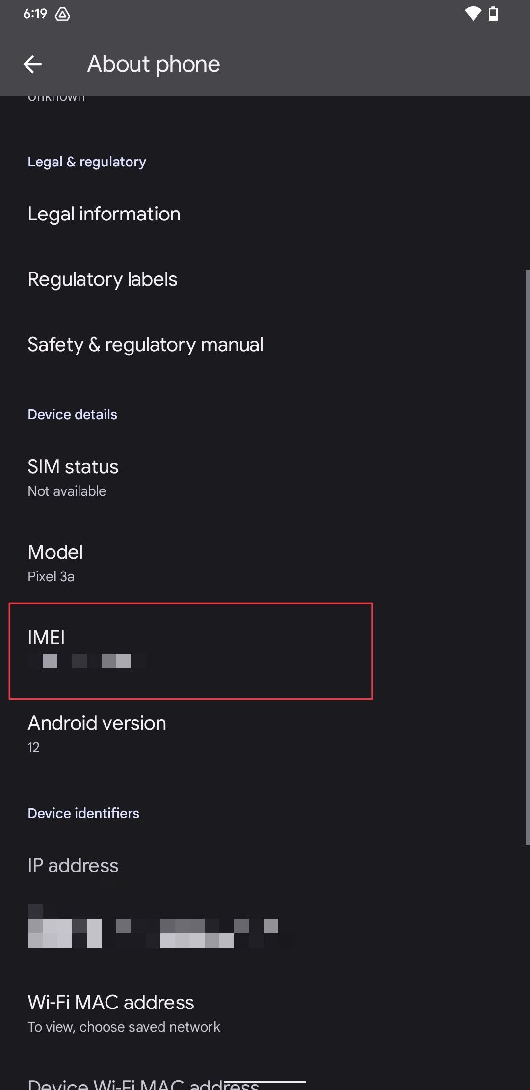 Captura de tela da página Sobre as configurações do telefone mostrando o número IMEI