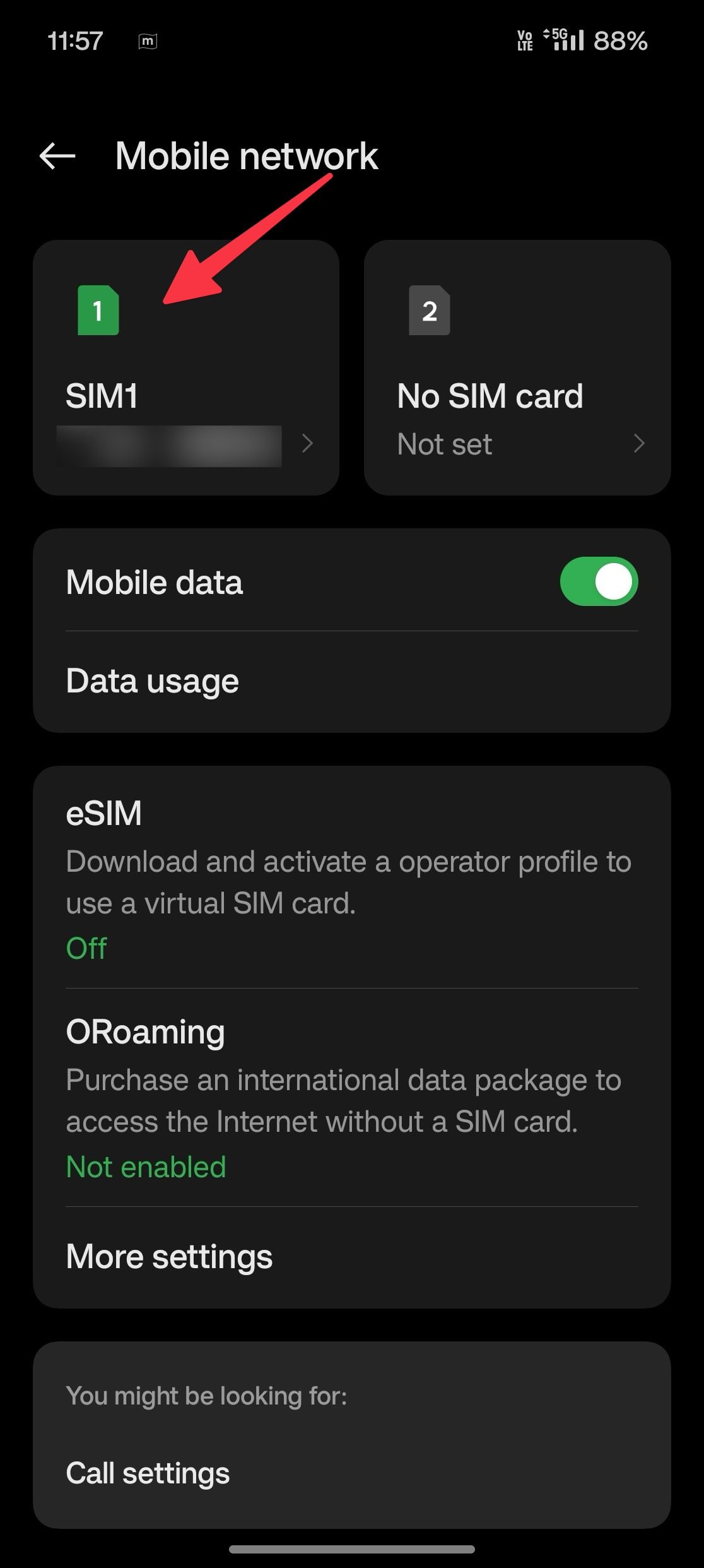 Configurações do SIM no OnePlus