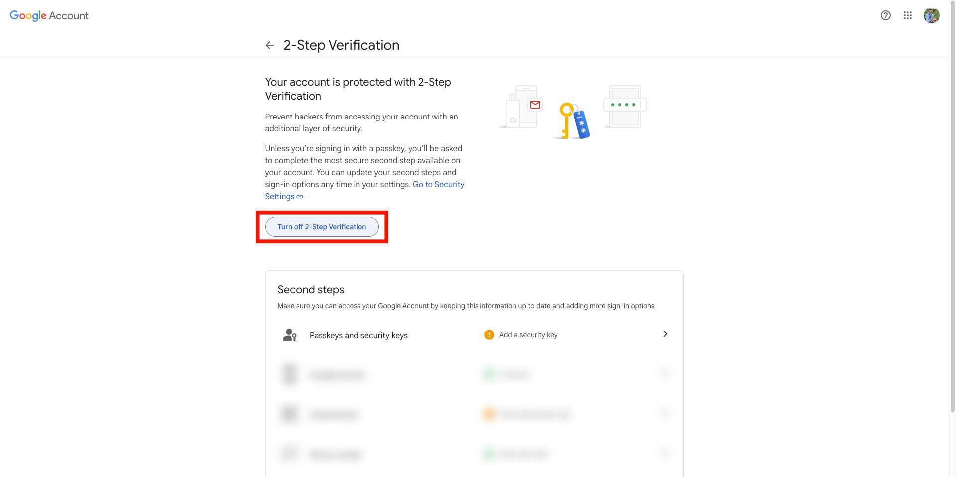 Página de configurações da verificação em duas etapas do Google com uma opção para desativar a verificação em duas etapas e gerenciar chaves de segurança e senhas