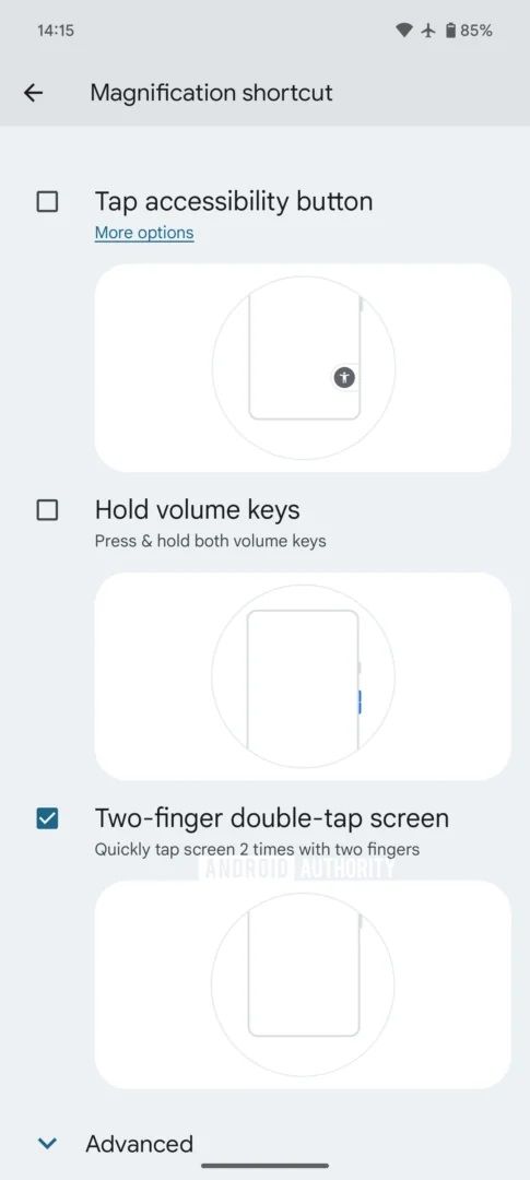 Captura de tela mostrando as novas configurações de acessibilidade no Android 15.